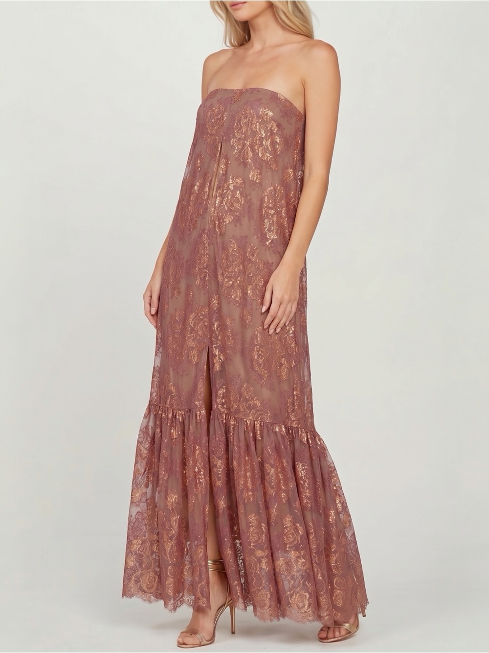Helsi Cara Women’s Strapless Metallic Burgundy Gold Lace Maxi Dress Size XS NEW - Picture 6 of 12